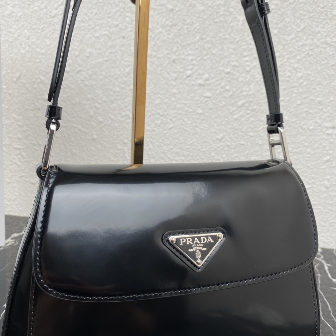 Prada Cleo Brushed Leather Shoulder Bag With Flap Black 1BD303